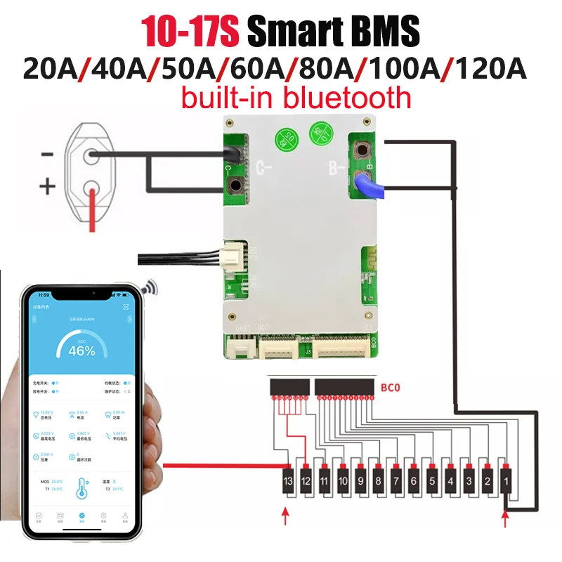 JBD Ʈ BMS Ƭ ͸ ȣ ,  BT, 10S, 13S, 16S, 17S, LifePo4 NMC, 36V, 48V, BMS, 20A, 40A, 50A, 60A, 80A, 100A, 120A